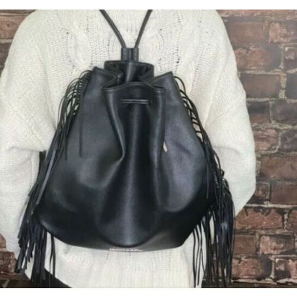 VICTORIA SECRET Faux Leather Black Backpack Fringe Purse SEXY Boho Bag MSRP $85 - Picture 3 of 9